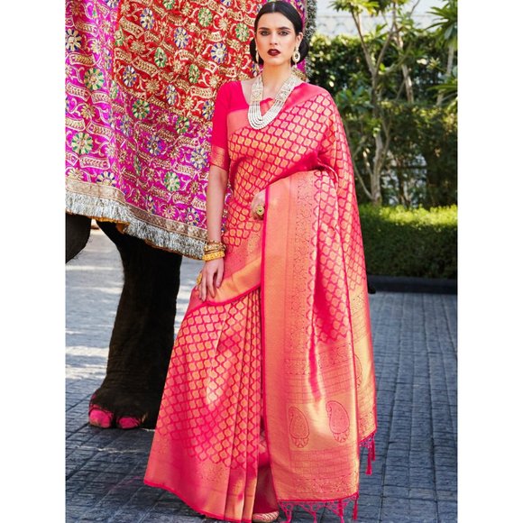 JHEAPS HOT PINK GOLD HANDLOOM SOFT SILK KANJIVARAM WOVEN  SILK SAREE - Picture 1 of 7